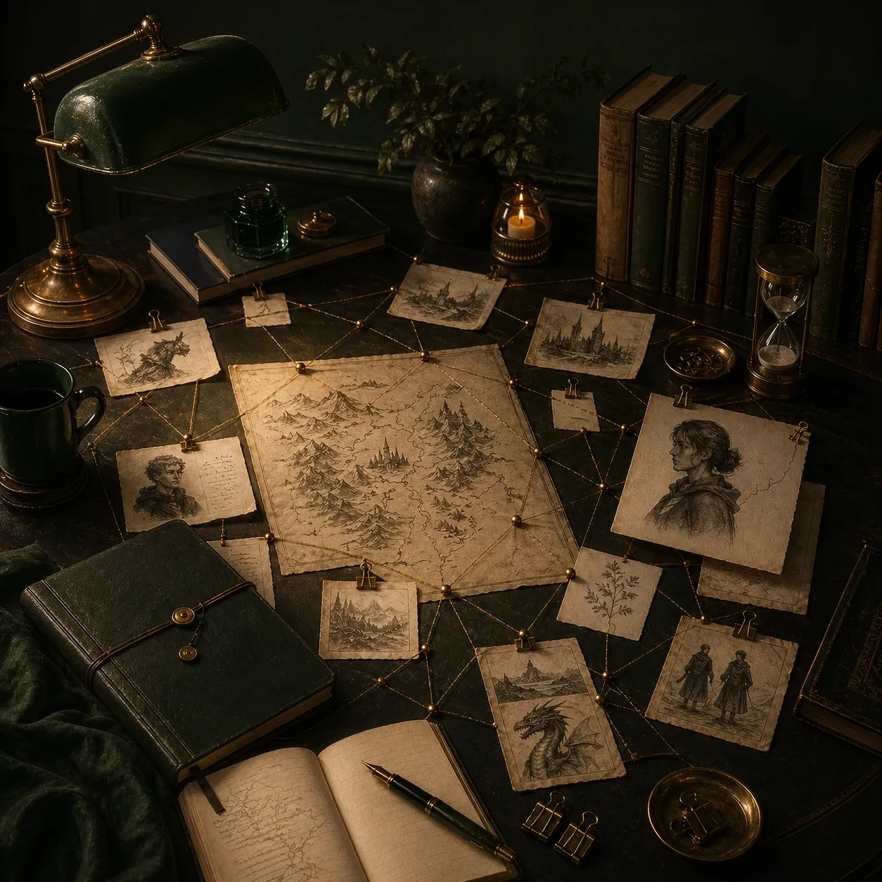 A warm illustrated manuscript scene representing story craft