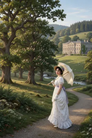 Elizabeth Bennet walking beside a country estate