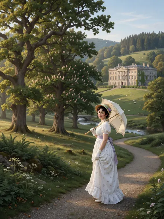 Elizabeth Bennet holding a parasol on a country path