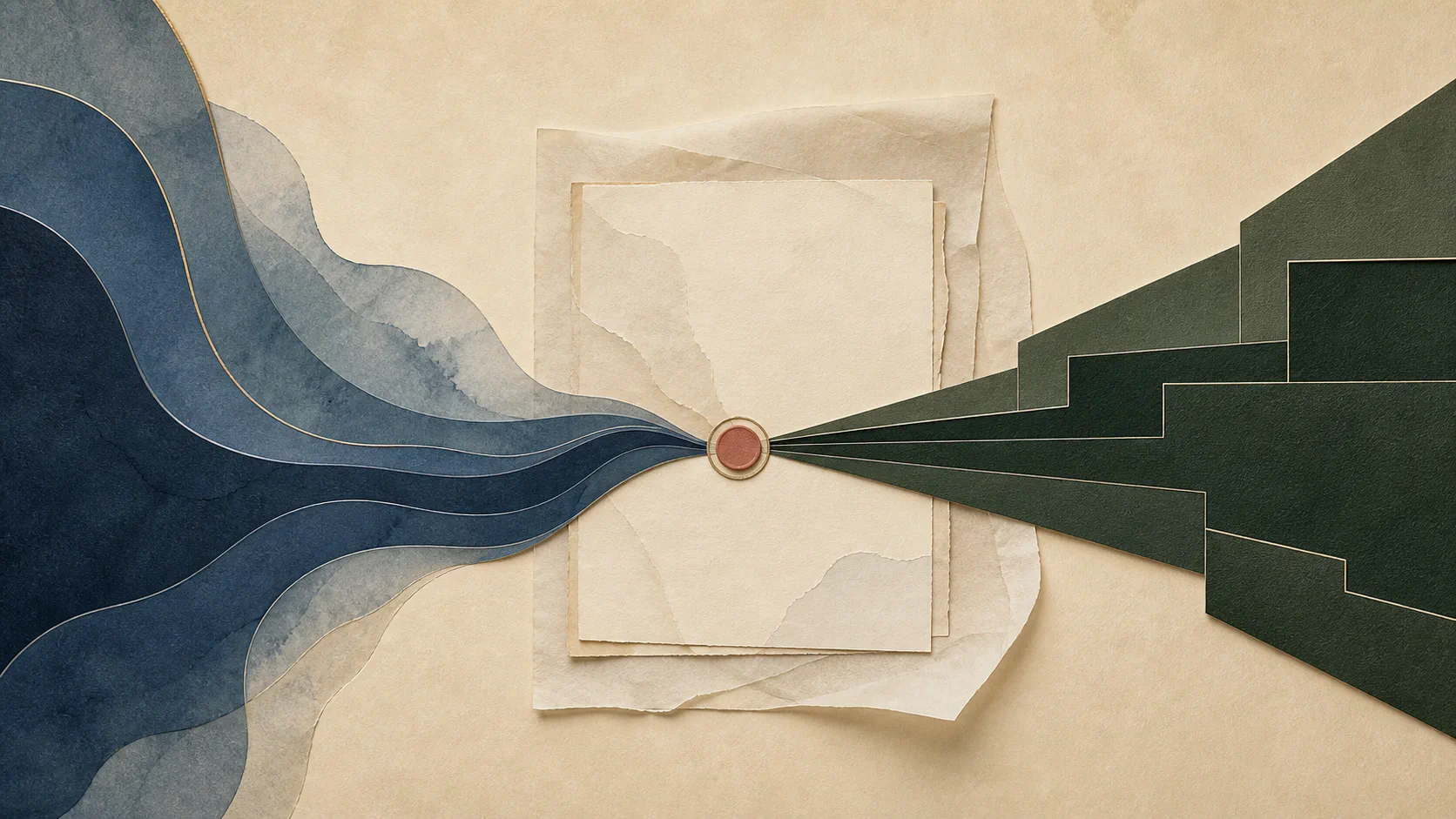 Two contrasting arcs, one fluid and one stepped, converge over a central page to suggest character change meeting plot movement.